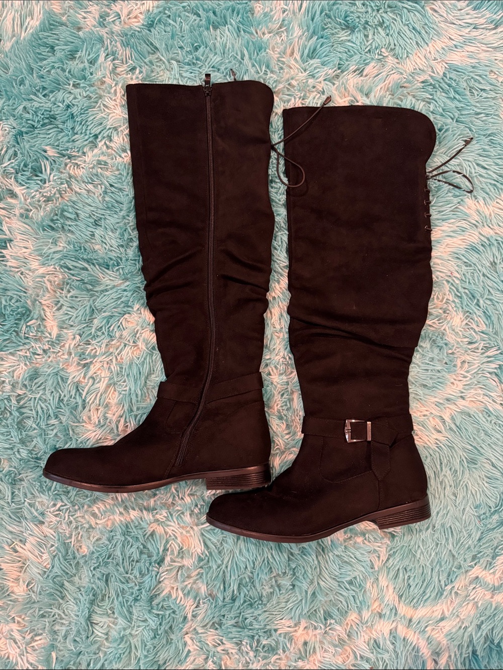 Women's Black Knee-High Riding Boots - Classic Buckle Detail